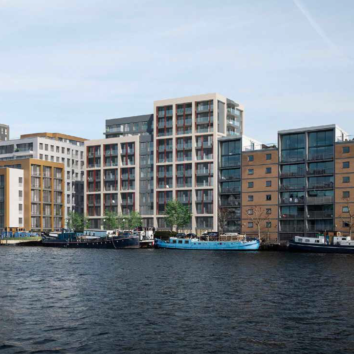 View across the river of Selsdon Way in the Isle of Dogs